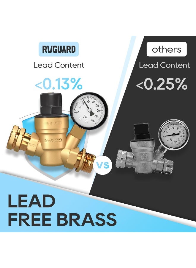 RVGUARD RV Water Pressure Regulator Valve, Brass Lead-Free Adjustable Water Pressure Reducer with Gauge and Inlet Screen Filter for RV Camper Travel Trailer - Image 3