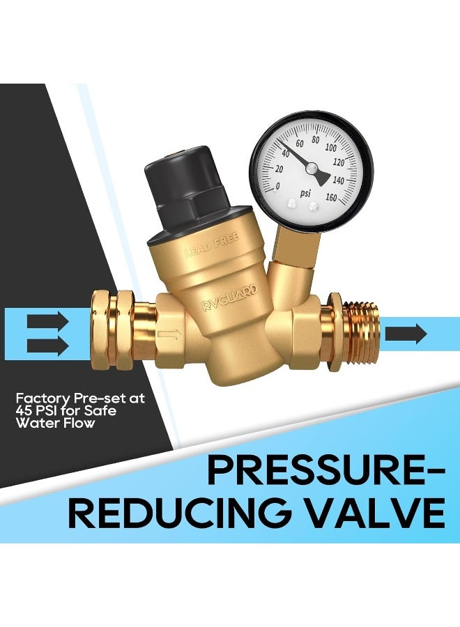 RVGUARD RV Water Pressure Regulator Valve, Brass Lead-Free Adjustable Water Pressure Reducer with Gauge and Inlet Screen Filter for RV Camper Travel Trailer - Image 2