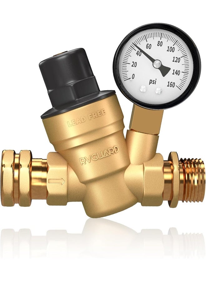 RVGUARD RV Water Pressure Regulator Valve, Brass Lead-Free Adjustable Water Pressure Reducer with Gauge and Inlet Screen Filter for RV Camper Travel Trailer - Image 1