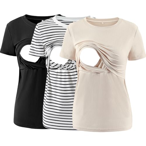 Liu & Qu Women's Maternity Nursing Tops Rib Short Sleeve Breastfeeding Shirts Maternity Clothes 3-Pack - Image 1