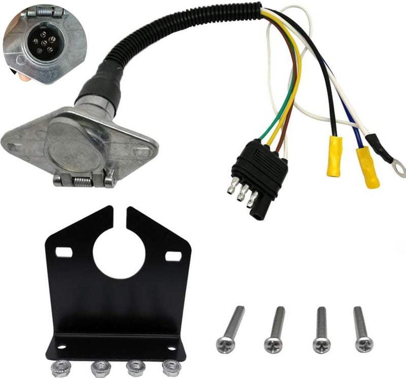 NEWSUN 4 Way Flat to 6 Way Round Connector Vehicle Side Trailer Light PreWired Adapter 12 Harness with Mounting Bracket with AntiDust Cover WaterProof for Trailer Truck GM Pickup Hauler