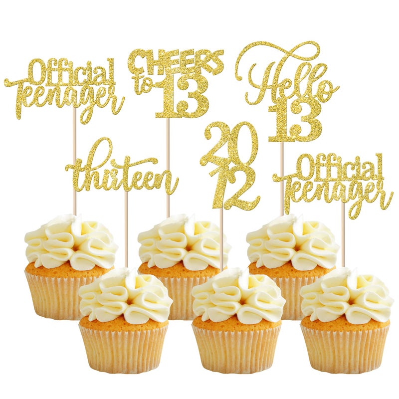 Rsstarxi 30 Pack 13th Birthday Cupcake Toppers Glitter Since 2012 Hello 13 Thirteen Official Teenager Cheers to 13 Years Old Birthday Cupcake Picks for 13th Birthday Party Cake Decorations Gold - Image 1