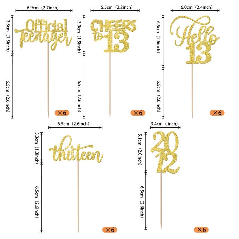 Rsstarxi 30 Pack 13th Birthday Cupcake Toppers Glitter Since 2012 Hello 13 Thirteen Official Teenager Cheers to 13 Years Old Birthday Cupcake Picks for 13th Birthday Party Cake Decorations Gold - Image 2