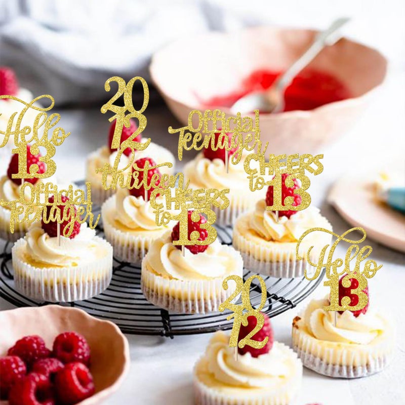 Rsstarxi 30 Pack 13th Birthday Cupcake Toppers Glitter Since 2012 Hello 13 Thirteen Official Teenager Cheers to 13 Years Old Birthday Cupcake Picks for 13th Birthday Party Cake Decorations Gold - Image 3