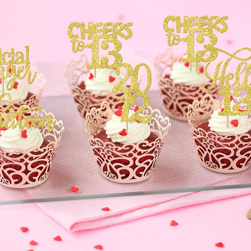 Rsstarxi 30 Pack 13th Birthday Cupcake Toppers Glitter Since 2012 Hello 13 Thirteen Official Teenager Cheers to 13 Years Old Birthday Cupcake Picks for 13th Birthday Party Cake Decorations Gold - Image 5