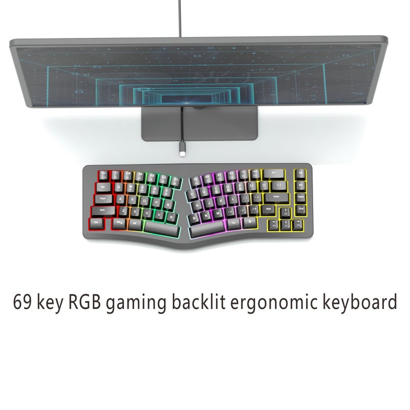 هندسة الراحة البشرية البيضاء لوحة مفاتيح مدمجة 69 مفتاحًا إضاءة خلفية RGB للعب على الكمبيوتر المحمول - Image 3
