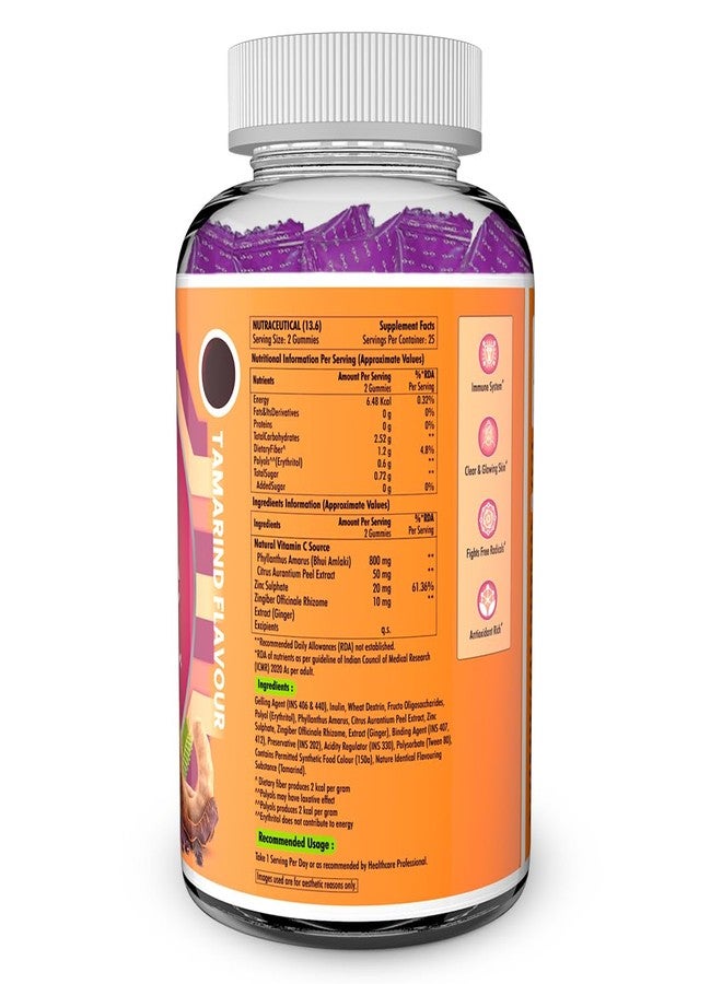 Naturyz Natural Vitamin C Gummies with Amla & Zinc | Immunity & Antioxidant Support | No Added Sugar, Plant-Based | No Ascorbic acid | Better Absorption & Bioavailability | Tasty Daily Wellness Supplement (Tamarind Flavour)- 50 gummies - Image 2