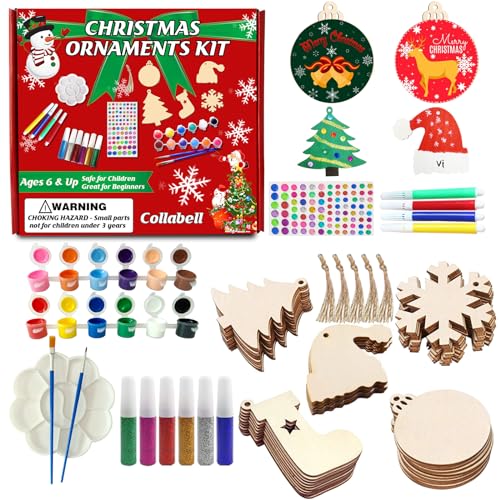 Collabell Christmas Wooden Painting Craft Kit, Paint Your Own Xmas Ornaments, Unfinished Wood Slices Christmas Crafts for Kids Adults, Art and Craft Supplies for Christmas Tree Hanging Decorations - Image 1