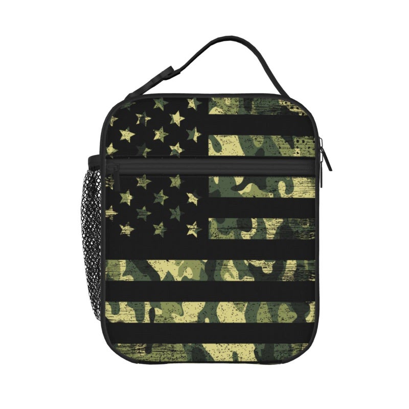 PrelerDIY Camouflage American Flag Lunch Box Camo Insulated Lunch Bags for WomenMenGirlsBoys Detachable Handle Lunchbox Meal Tote Bag