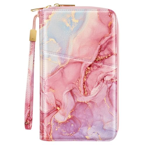Simikol Family Passport Holder Wallet RFID Blocking Document Organizer PU Leather Mulit-purpose Travel Wallet Credit Cards Case for Women Men,Red Marble - Image 1