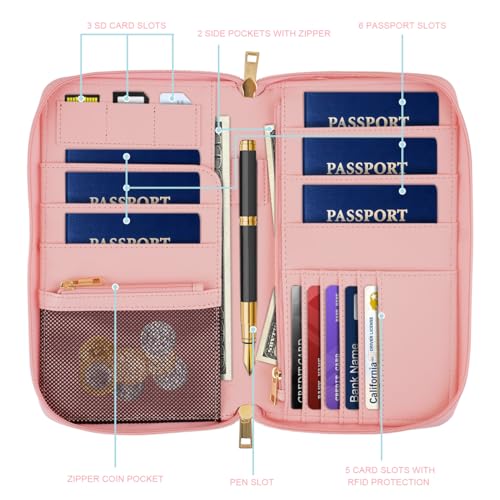 Simikol Family Passport Holder Wallet RFID Blocking Document Organizer PU Leather Mulit-purpose Travel Wallet Credit Cards Case for Women Men,Red Marble - Image 2