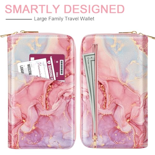 Simikol Family Passport Holder Wallet RFID Blocking Document Organizer PU Leather Mulit-purpose Travel Wallet Credit Cards Case for Women Men,Red Marble - Image 3
