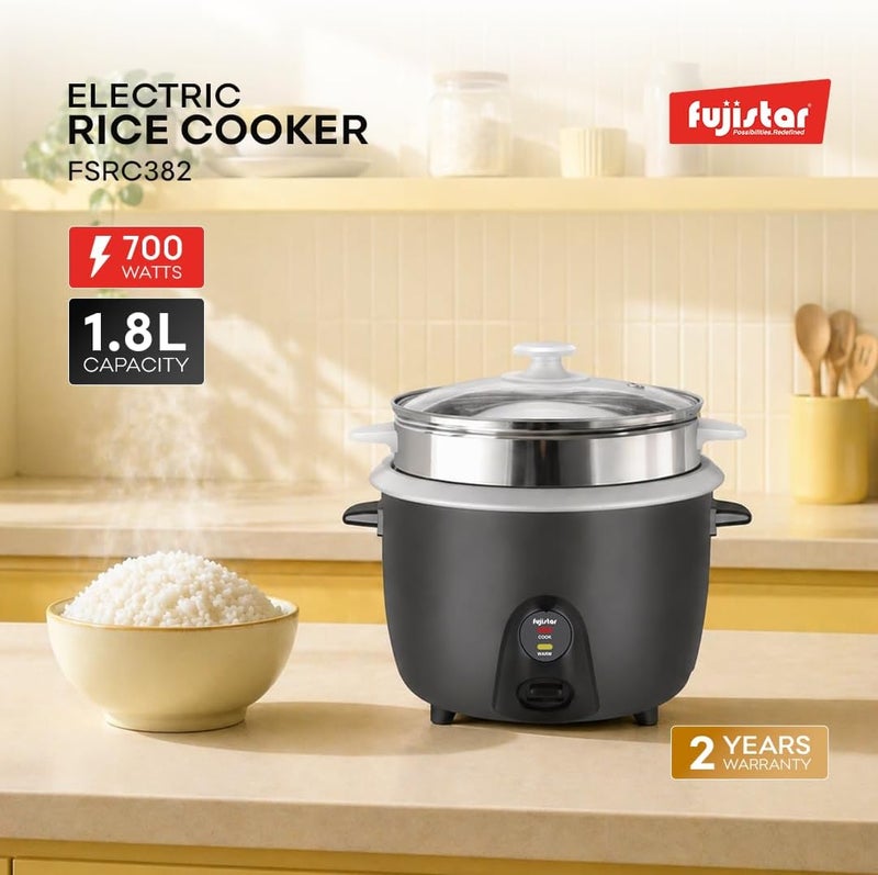 Fujistar Electric Rice Cooker FSRC382, 1.8L Capacity, 700W, Food-Grade Steel Body with Steamer, Cook and Warm Functions - Image 2