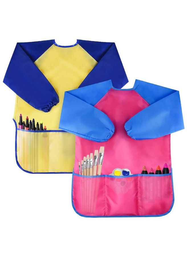 Bassion 2 Pack Kids Art Smocks Toddler Smock Waterproof Artist Painting Aprons Long Sleeve With 3 Pockets For Age 26 Years(Yellow Pink) - Image 1