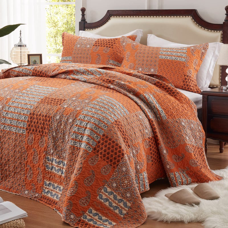 LEAONME Quilt Set King Size 3 Piece Bedspread Coverlet Lightweight Comforter Microfiber Bedding Set for All Season Oversized 98x106 Inch Bed Cover Paisley Burnt OrangeRust 1 Quilt 2 Pillow Shams