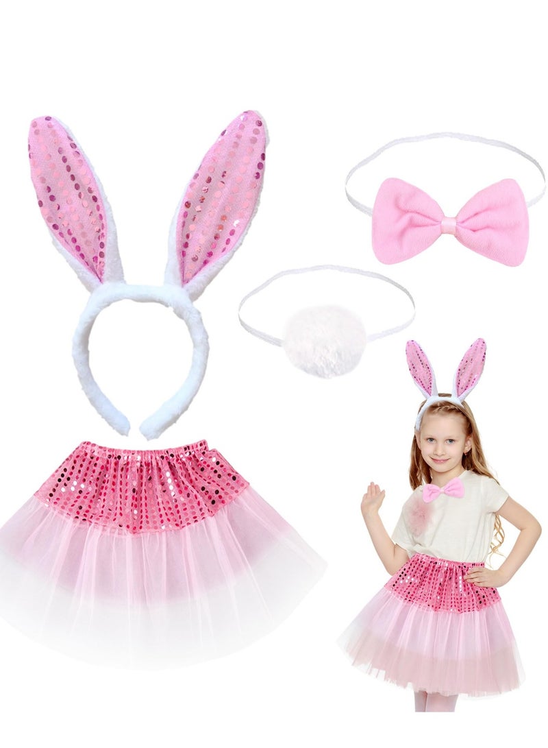 KASTWAVE 4 Pieces Kids Bunny Costume Pink Rabbit Dress Up Outfit with Bunny Ears Headband Animal Costume Set Cosplay Birthday Party - Image 1