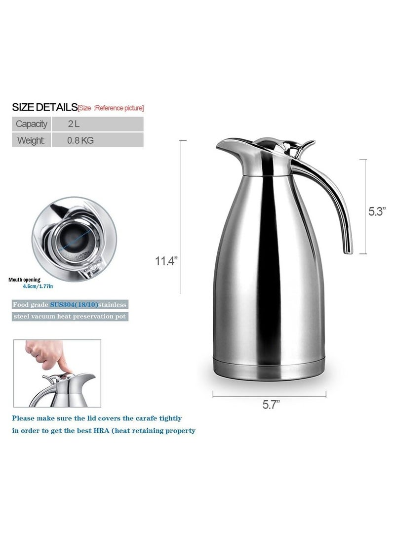 64 Oz Stainless Steel European Style Thermal Carafe - Double Walled Vacuum Insulated - 2 Liter Silver Carafe - Image 2