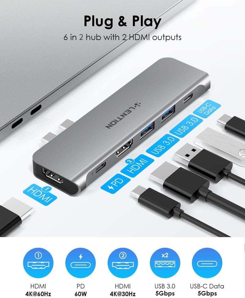 LENTION USB C Hub with Dual 4K HDMI, 2 USB 3.0, USB C Data Port and 60W Charging Compatible 2016-2023 MacBook Pro with Thunderbolt 3 Port & New Mac Air, Stable Driver Adapter (CB-CS67, Space Gray) - Image 3