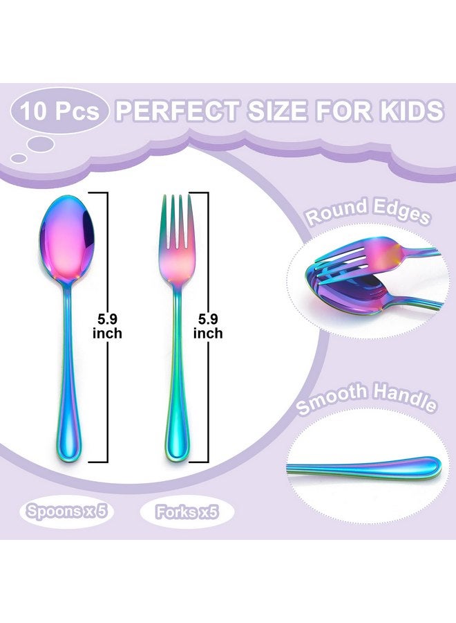 E-far 10-Piece Rainbow Toddler Utensils, Kid Stainless Steel Silverware Set, Children Safe Forks and Spoons Set for Self Feeding, Healthy & Non-Toxic, Mirror Polished & Easy to Clean - Image 2