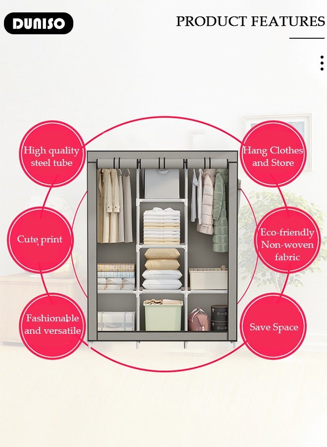 DUNISO Portable Wardrobe Closet Clothes Organizer Large Capacity Storage With Reasonable Zoning ， Storage Shelf with  Non-Woven Fabric,6 Storage Shelves, 2 Hanging Sections，Durable and Easy to Assemble Storage Unit for Bedding - Image 2