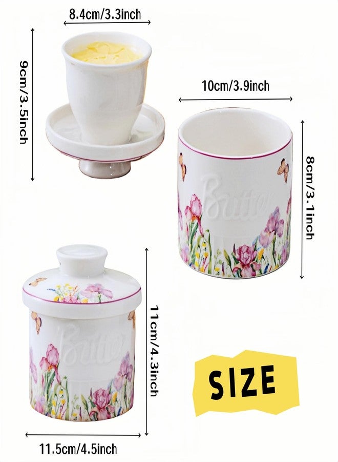 HAN SHENG Ceramic Butter Dish with Lid Butter Crock Butter Keeper Butter Container Butter Holder with Floral Decor Home Kitchen Gift Butter Storage - Image 2