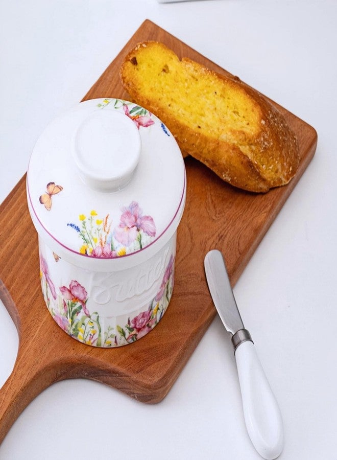 HAN SHENG Ceramic Butter Dish with Lid Butter Crock Butter Keeper Butter Container Butter Holder with Floral Decor Home Kitchen Gift Butter Storage - Image 4