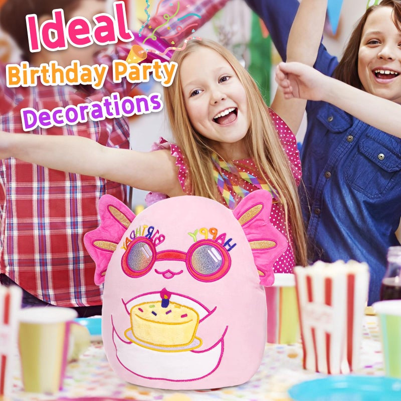 BSTAOFY Happy Birthday Axolotl Soft Plush Pillow Cute Axolotl Stuffed Animal Birthday Party Decorations Home Decor Birthday Gift for Toddler Kids Girls 12'' - Image 3