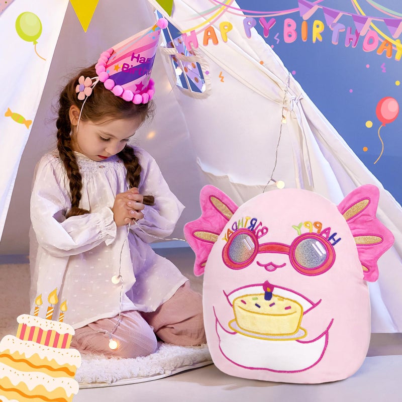 BSTAOFY Happy Birthday Axolotl Soft Plush Pillow Cute Axolotl Stuffed Animal Birthday Party Decorations Home Decor Birthday Gift for Toddler Kids Girls 12'' - Image 2