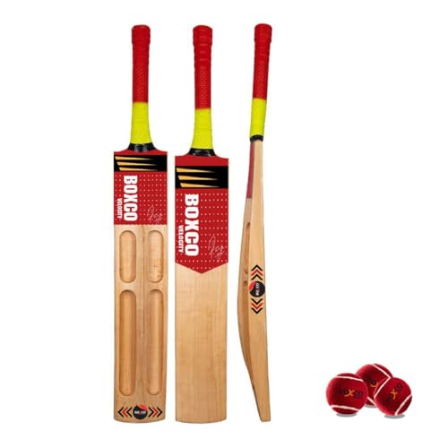 Boxco Velocity Cricket Bat with 3 Heavy Weight Tennis Cricket Balls, Full Size, Wooden - Image 1
