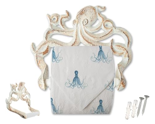 Comfify Decorative Cast Iron Octopus Toilet Paper Roll Holder – Wall Mounted Octopus Décor for Bathroom – Kraken, Nautical Bathroom Accessories – Easy to Install with Included Screws and Anchors - Rust White - Image 2