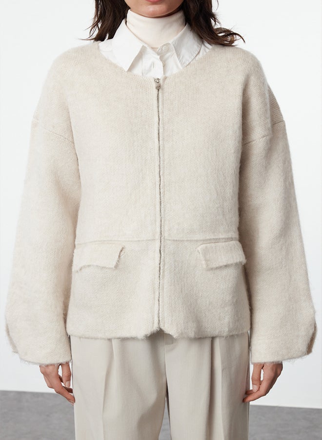 trendyol Stone Zipper Soft Textured Coat Look Knitwear Cardigan - Image 4