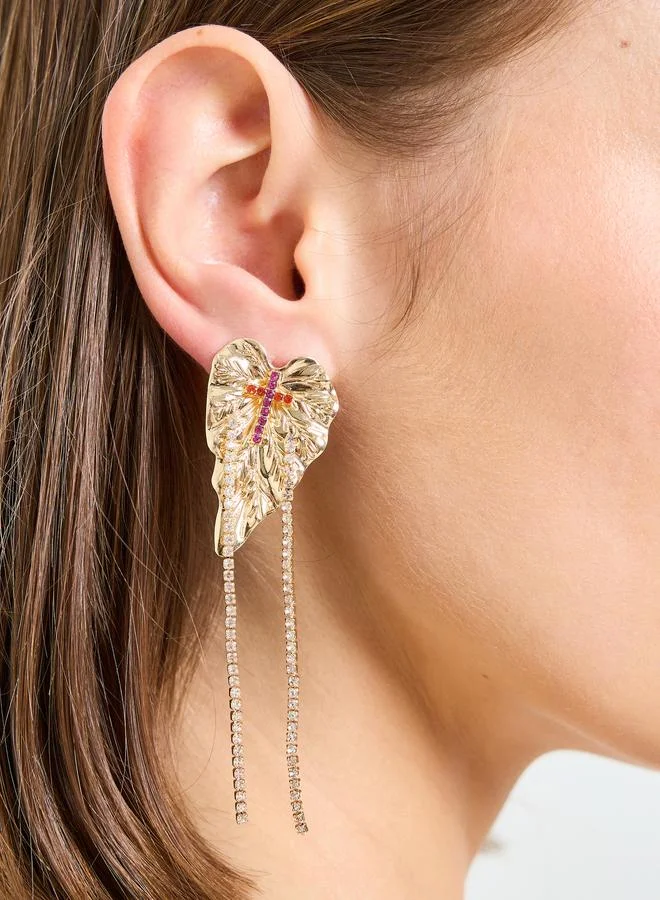 Styli Gold Tone Gemstone Leaf Dangler Earrings