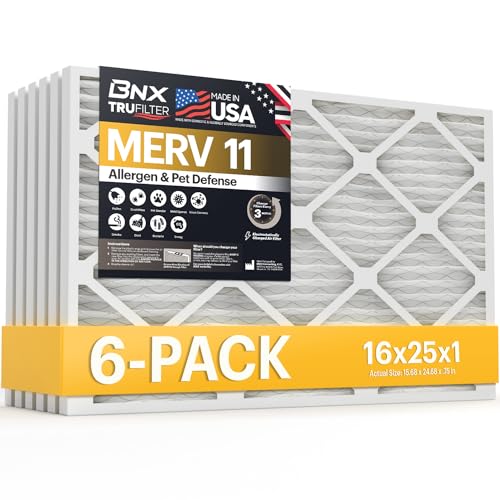 BNX TruFilter 16x25x1 Air Filter MERV 11 (6-Pack) - MADE IN USA - Allergen Defense Electrostatic Pleated Air Conditioner HVAC AC Furnace Filters for Allergies, Dust, Pet, Smoke, Allergy MPR 1200 FPR 7 - Image 1