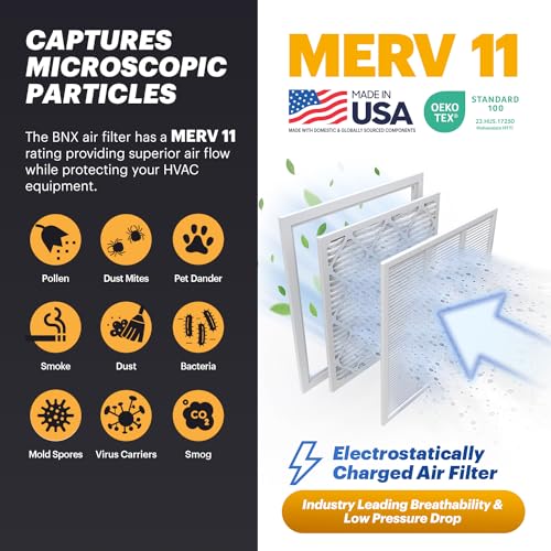 BNX TruFilter 16x25x1 Air Filter MERV 11 (6-Pack) - MADE IN USA - Allergen Defense Electrostatic Pleated Air Conditioner HVAC AC Furnace Filters for Allergies, Dust, Pet, Smoke, Allergy MPR 1200 FPR 7 - Image 3