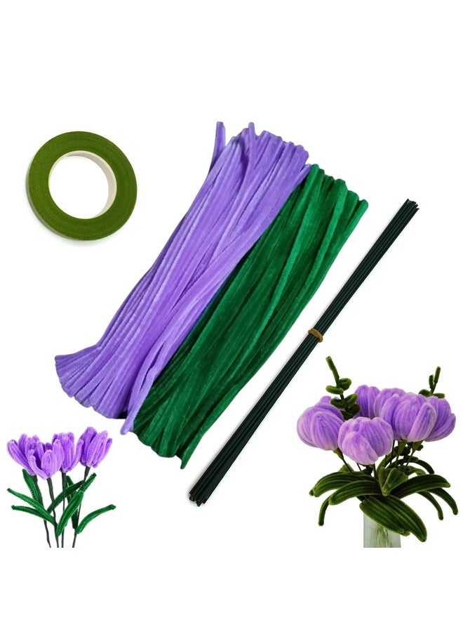 3A Featuretail 200 pcs Pipe Cleaners Set with Floral Wires & Floral Tape | Chenille Stems Pipecleaners for Flower Bouquet Making, Kids DIY Craft Projects and Decorations (Light Purple & Green) - Image 1