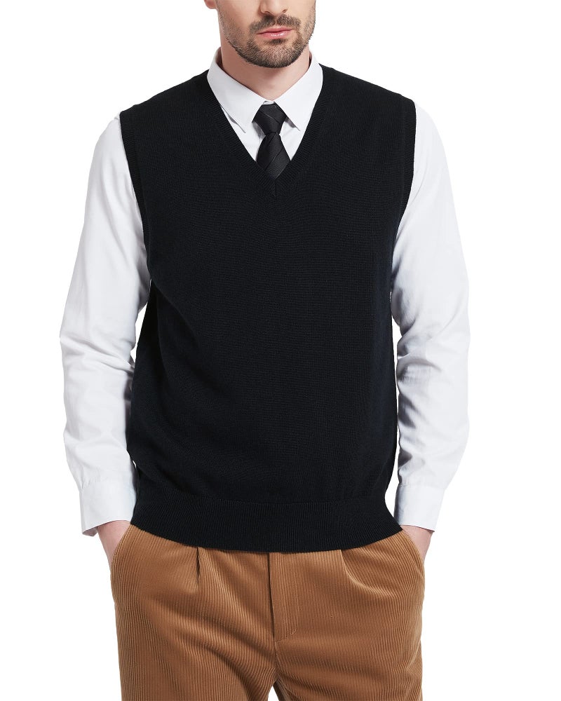 Kallspin Men's Wool Blended Vest Sweater Relaxed Fit V Neck Sleeveless Knitted Pullover (Black, Large) - Image 1