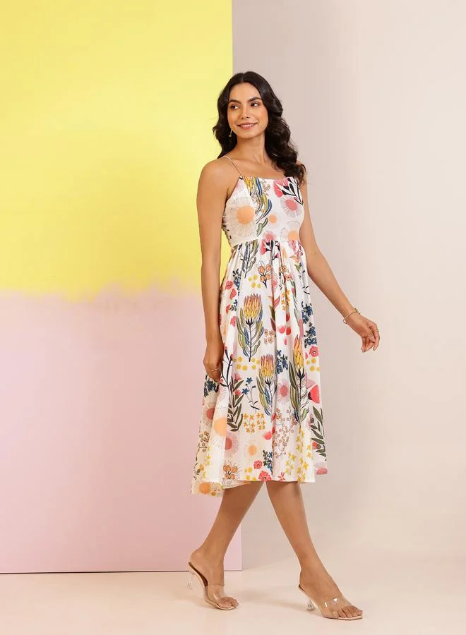 sanskrutihomes Sanskrutihomes All-Over Floral Print Square Neck A-Line Knee-Length Dress