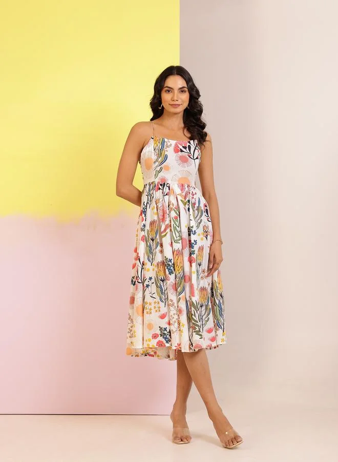 sanskrutihomes Sanskrutihomes All-Over Floral Print Square Neck A-Line Knee-Length Dress