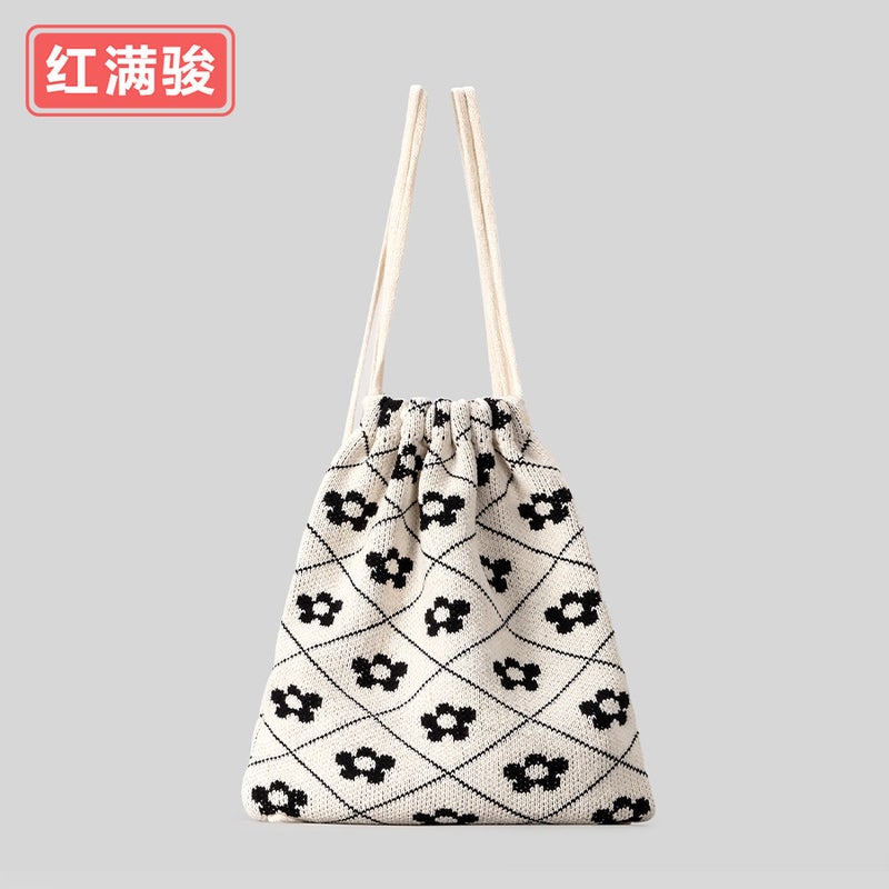 Artistic Cute Knitted Shoulder Bag Bundle Mouth Gold Wire Large Capacity Backpack Student Casual Drawstring Schoolbag Women - Image 2
