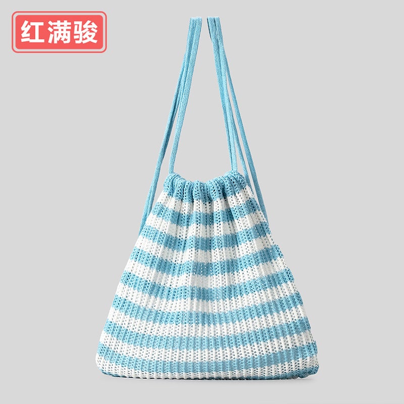 Artistic Cute Knitted Shoulder Bag Bundle Mouth Gold Wire Large Capacity Backpack Student Casual Drawstring Schoolbag Women - Image 1