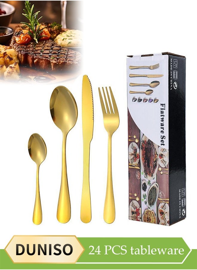 DUNISO 24 Pcs Stainless Steel Cutlery Set, Western Style Kitchen Utensil Set, Mirror Polished Tableware Set, With Knife, Fork, Spoon, Suitable For Family Dining, Kitchen，Gatherings,Gold  - Image 1