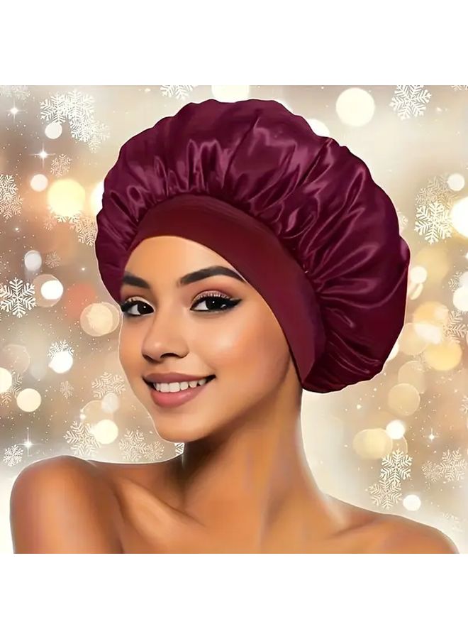غطاء نوم نسائي من الساتان 100% بوليستر ناعم يشبه الحرير، بشريط مطاطي عريض فضفاض، مناسب للشعر الطويل والمجعد، خالٍ من العطور، لمريح النوم والاسترخاء، أساسي للسفر، إكسسوارات الشعر، غطاء شعر مجعد، غطاء شعر أنيق، مادة هيبوالرجينيك، باللون العنابي. - Image 1