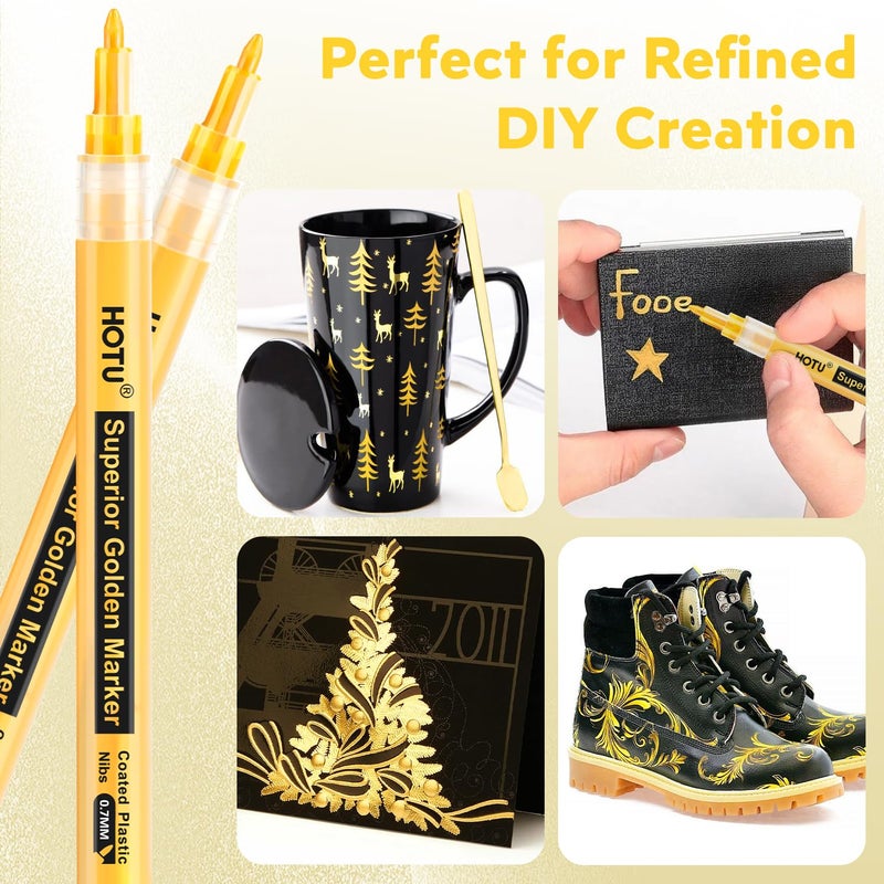 HOTU 5 Pack Super Gold Paint Markers - Metallic Gold Acrylic Paint Pens Glitter Extra Fine Tip 0.7mm for Black Paper,Wood, Rock Painting, Glass, Fabric - Image 2