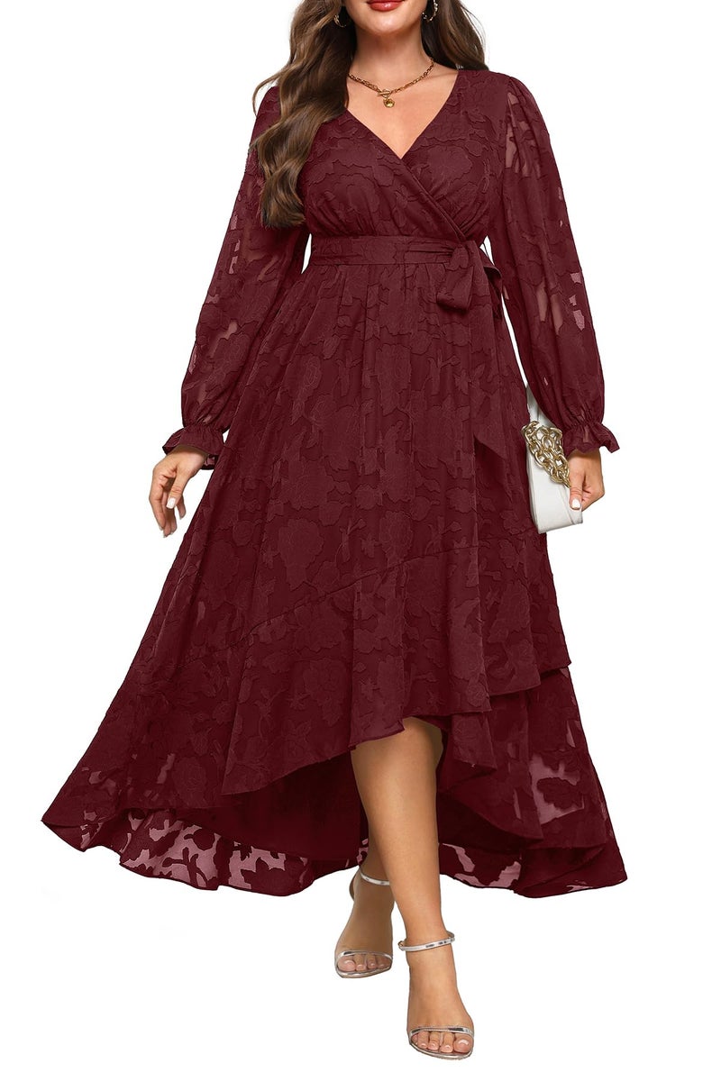 Talisea Plus Size Fall Dresses Burgundy Semi Formal Wedding Guest Cocktail Floral Long Sleeve Wrap High Low Maxi Dress Women - Image 1