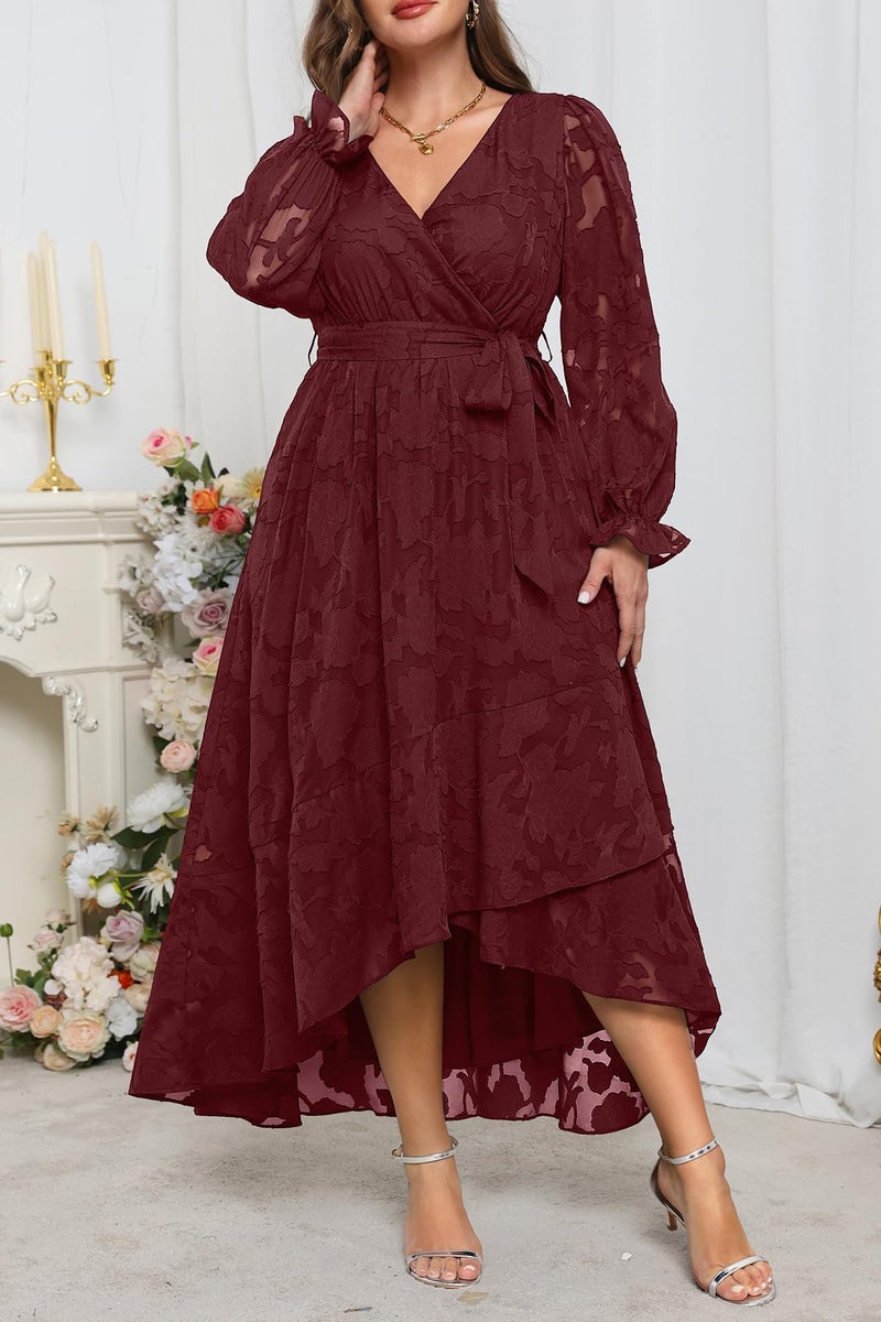 Talisea Plus Size Fall Dresses Burgundy Semi Formal Wedding Guest Cocktail Floral Long Sleeve Wrap High Low Maxi Dress Women - Image 3