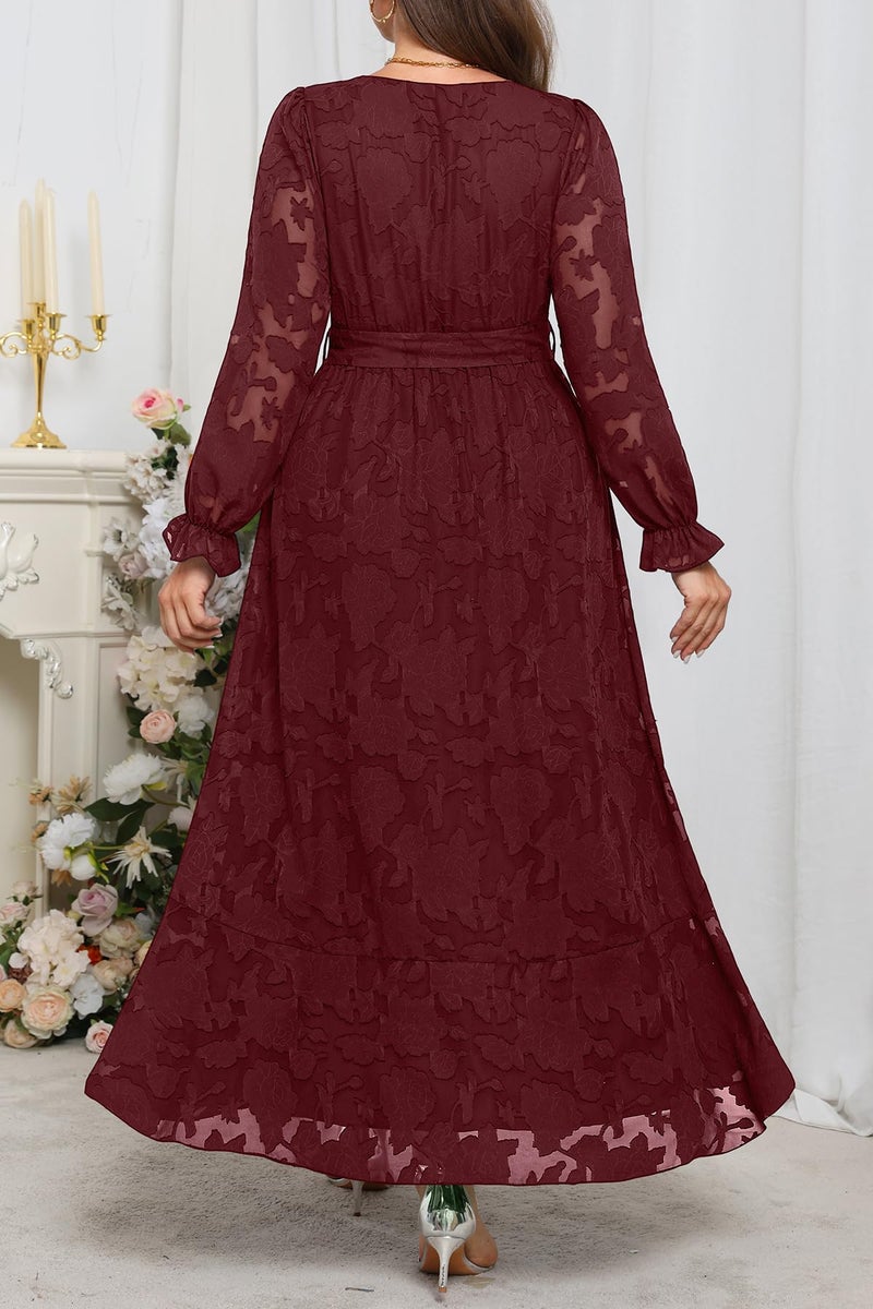 Talisea Plus Size Fall Dresses Burgundy Semi Formal Wedding Guest Cocktail Floral Long Sleeve Wrap High Low Maxi Dress Women - Image 4