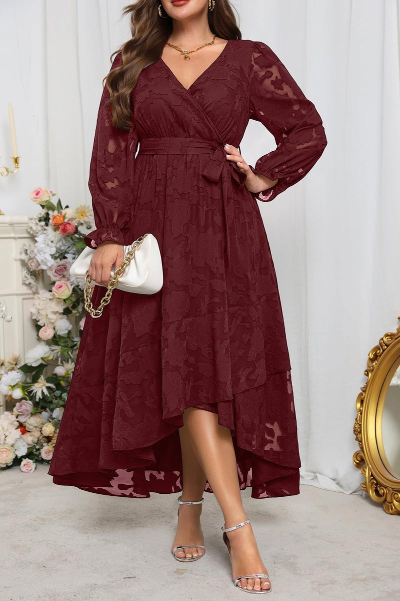 Talisea Plus Size Fall Dresses Burgundy Semi Formal Wedding Guest Cocktail Floral Long Sleeve Wrap High Low Maxi Dress Women - Image 2