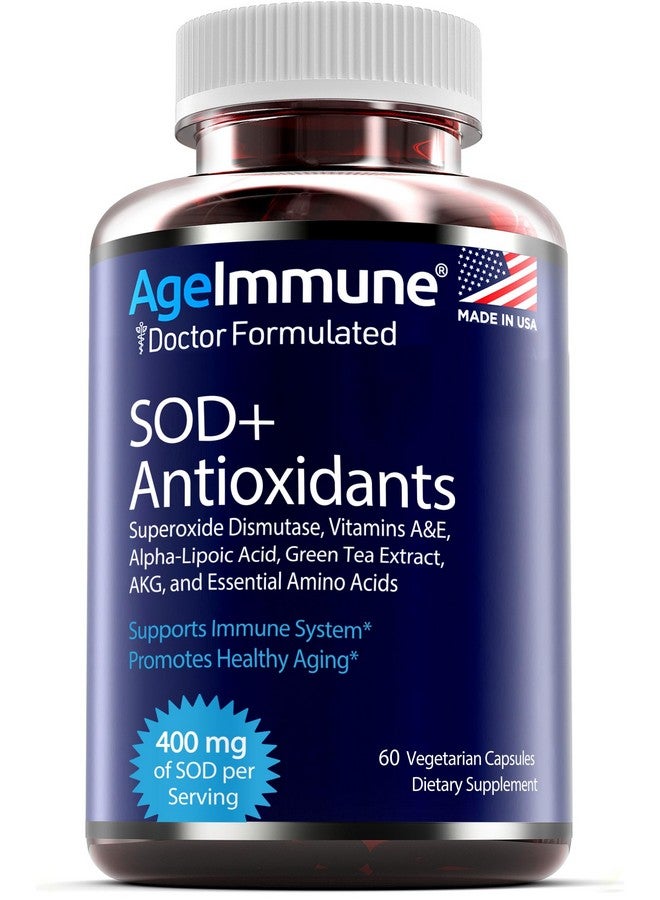 AgeImmune SOD Antioxidants Complex Healthy Aging Supplement - 400mg of Superoxide Dismutase - Alpha Lipoic Acid - L-Arginine -Lysine - AKG - Vitamin A - Vitamin E for Immune Support-60 Capsules - Image 1