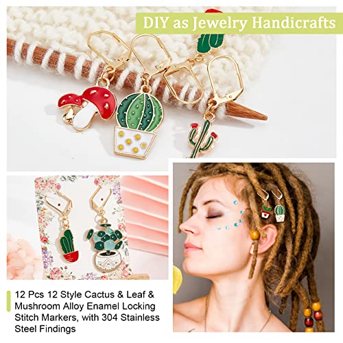 NBEADS 12 Pcs Plant Stitch Markers, Cactus Leaf Mushroom Alloy Enamel Crochet Stitch Marker Charms Locking DIY Handmade Gift for Knitting Weaving Accessories Quilting Handmade Jewelry - Image 4