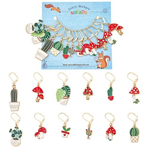 NBEADS 12 Pcs Plant Stitch Markers, Cactus Leaf Mushroom Alloy Enamel Crochet Stitch Marker Charms Locking DIY Handmade Gift for Knitting Weaving Accessories Quilting Handmade Jewelry - Image 1